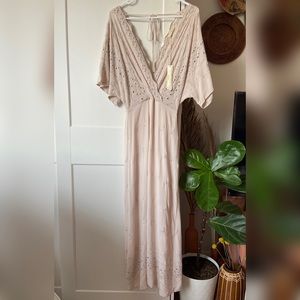 Lovestitch Neutral Beige Bone Color Harper Eyelet Embroidered Midi Dress - M